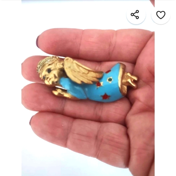 Rare Find Gold Tone Blue Angel W/ Rhinestone Halo Stars, Gold Wings Vintage 80's - Picture 1 of 12